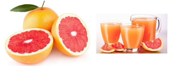 A la izda imagen pomelo (fruta fresca) y a la drcha vaso con zumo de pomelo